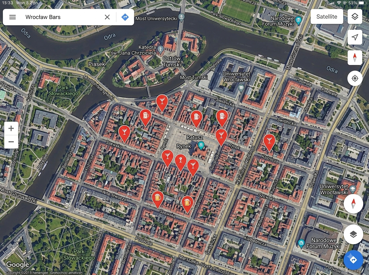 Google Maps Übersicht der Bars in Breslau